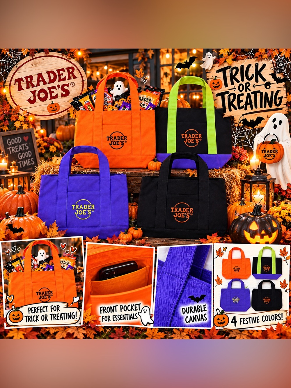 🎃 Trader Joe’s Mini Canvas Tote Bags 4-Piece Set NWT Colorful Limited Edition 👻🍁
